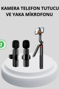 Kablosuz Çift Yaka Mikrofonu ve Tripodlu Selfie Çubuğu İçerik Üretici Seti