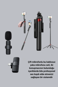 Kablosuz Çift Yaka Mikrofonu ve Tripodlu Selfie Çubuğu İçerik Üretici Seti