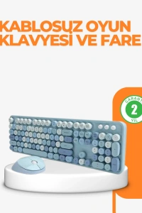 Kablosuz Retro Klavye ve Mouse Seti – 104 Tuşlu Sevimli Tasarım