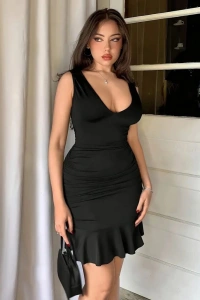 Kadın Askılı Derin V Dekolteli Fırfırlı Janjan Krep Elbise