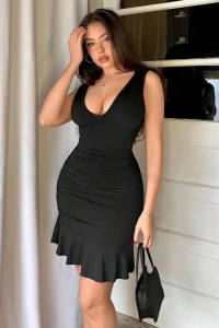 Kadın Askılı Derin V Dekolteli Fırfırlı Janjan Krep Elbise