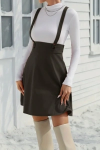 Kadın Askılı Düğmeli Mini Süet Elbise