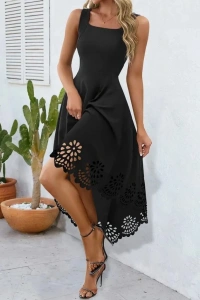 Kadın Askılı Geometrik Yaka çiçek Lazer Kesim Ithal Krep Elbise