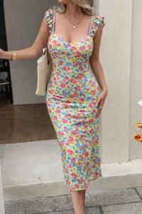 Kadın Askılı Göğüs Dekolteli Yırtmaçlı Desenli Midi Dalgıç Elbise