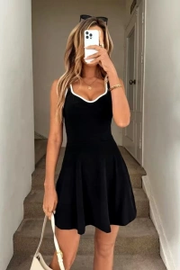 Kadın Askılı Kalp Yakalı şerit Detaylı Dalgıç Kısa Elbise