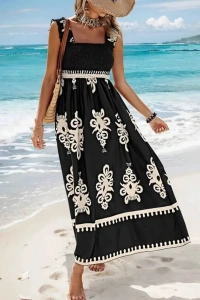 Kadın Askılı Kare Yaka Gipe Detaylı Desenli Suprem Elbise