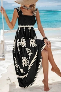 Kadın Askılı Kare Yaka Gipe Detaylı Desenli Suprem Elbise