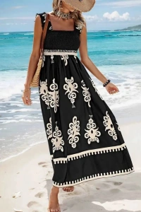 Kadın Askılı Kare Yaka Gipe Detaylı Desenli Suprem Elbise