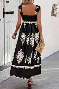 Kadın Askılı Kare Yaka Gipe Detaylı Desenli Suprem Elbise