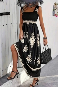 Kadın Askılı Kare Yaka Gipe Detaylı Desenli Suprem Elbise