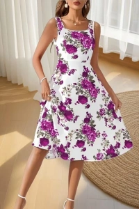 Kadın Askılı Kare Yakalı çiçek Desenli Midi Dalgıç Elbise