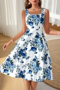 Kadın Askılı Kare Yakalı çiçek Desenli Midi Dalgıç Elbise