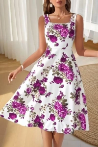 Kadın Askılı Kare Yakalı çiçek Desenli Midi Dalgıç Elbise