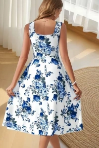 Kadın Askılı Kare Yakalı çiçek Desenli Midi Dalgıç Elbise