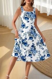 Kadın Askılı Kare Yakalı çiçek Desenli Midi Dalgıç Elbise