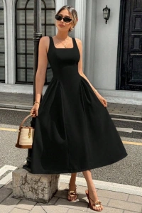 Kadın Askılı Kare Yakalı Uzun Ithal Krep Elbise