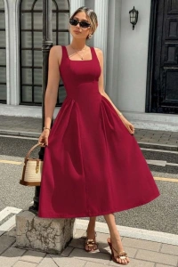 Kadın Askılı Kare Yakalı Uzun Ithal Krep Elbise