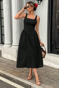 Kadın Askılı Kare Yakalı Uzun Ithal Krep Elbise