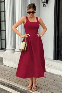 Kadın Askılı Kare Yakalı Uzun Ithal Krep Elbise