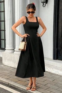 Kadın Askılı Kare Yakalı Uzun Ithal Krep Elbise