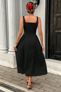 Kadın Askılı Kare Yakalı Uzun Ithal Krep Elbise