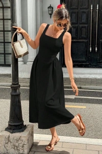 Kadın Askılı Kare Yakalı Uzun Ithal Krep Elbise