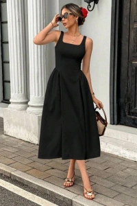 Kadın Askılı Kare Yakalı Uzun Ithal Krep Elbise