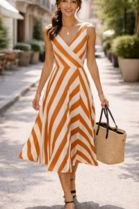 Kadın Askılı Kruvaze Yakalı Kemersiz çizgili Dalgıç Midi Elbise
