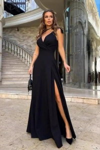 Kadın Askılı Omuzdan Bağlamalı Kruvaze Yakalı Uzun Yırtmaçlı Janjan Krep Elbise