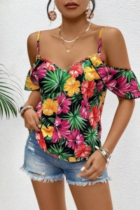 Kadın Askılı Omuzlardan Açık çiçek Baskılı Bluz