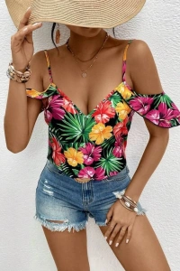 Kadın Askılı Omuzlardan Açık çiçek Baskılı Bluz