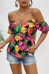 Kadın Askılı Omuzlardan Açık çiçek Baskılı Bluz