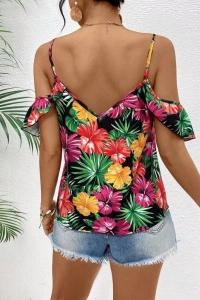 Kadın Askılı Omuzlardan Açık çiçek Baskılı Bluz