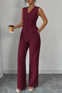 Kadın Askılı önden Düğmeli Bluz Ve Pantolon Keten Ikili Takım
