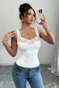 Kadın Askılı V Dantel Yakalı Viskon Bluz