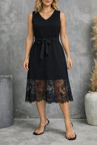 Kadın Askılı V Yakalı Dantelli Midi Viskon Elbise