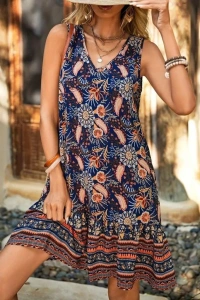 Kadın Askılı V Yakalı Fırfırlı Desenli Süprem Kısa Elbise