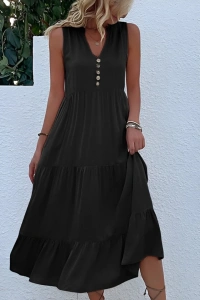 Kadın Askılı V Yakalı önden Düğmeli Midi Viskon Elbise