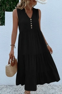 Kadın Askılı V Yakalı önden Düğmeli Midi Viskon Elbise