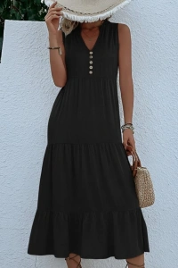 Kadın Askılı V Yakalı önden Düğmeli Midi Viskon Elbise