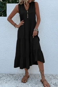 Kadın Askılı V Yakalı önden Düğmeli Midi Viskon Elbise