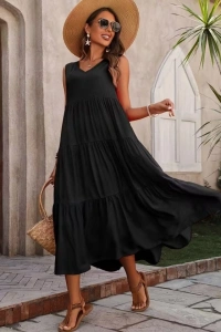 Kadın Askılı V Yakalı Uzun Dokuma Viskon Elbise