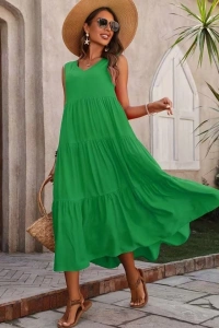 Kadın Askılı V Yakalı Uzun Dokuma Viskon Elbise