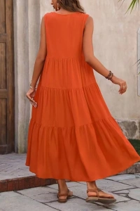 Kadın Askılı V Yakalı Uzun Dokuma Viskon Elbise