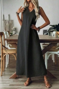Kadın Askılı V Yakalı Uzun Elbise