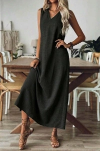 Kadın Askılı V Yakalı Uzun Elbise