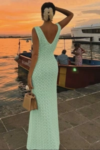 Kadın Askılı V Yakalı Uzun Triko Elbise