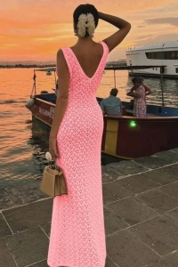Kadın Askılı V Yakalı Uzun Triko Elbise
