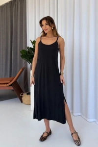 Kadın Askılı Yanlardan Yırtmaçlı Viskon Elbise