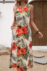 Kadın Askılı Yuvarlak Yaka Cepli Desenli Süprem Elbise